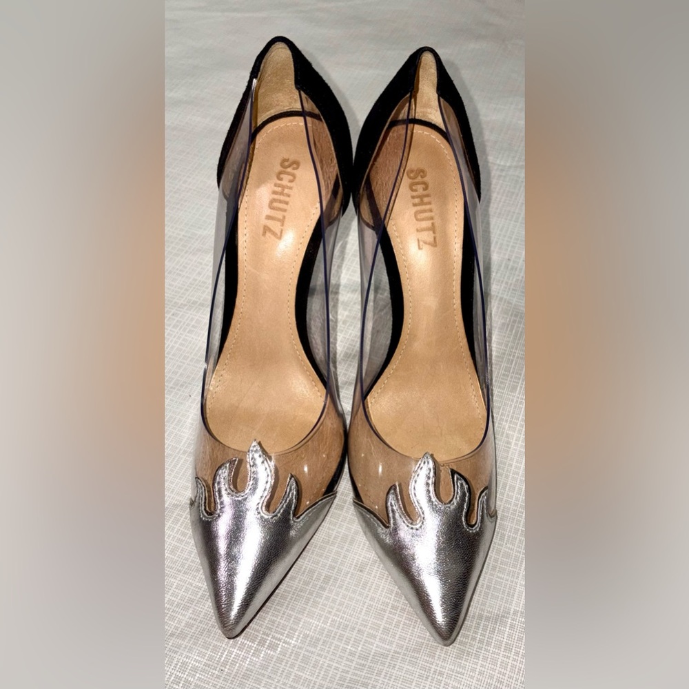 Schutz Den Flame Sz 7 Clear Panel Pointed-Toe Stiletto Pumps Silver Black suede - Picture 4 of 9